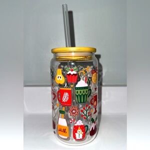 Festive Glass Tumbler with Straw
